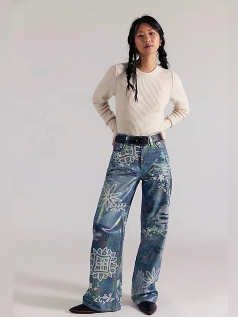 Free People - NWT Tinsley Printed Baggy High Rise Straight Leg Illusion Size 28